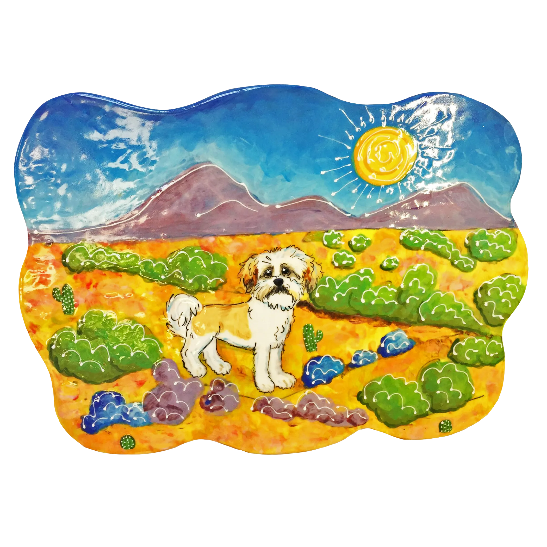 Desert Sunshine Shih Tzu - Custom Landscape Ceramic Tile by Debby Carman