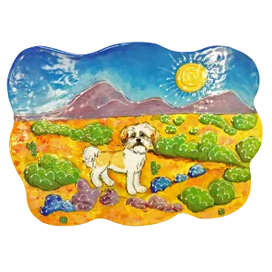 Desert Sunshine Shih Tzu - Custom Landscape Ceramic Tile by Debby Carman