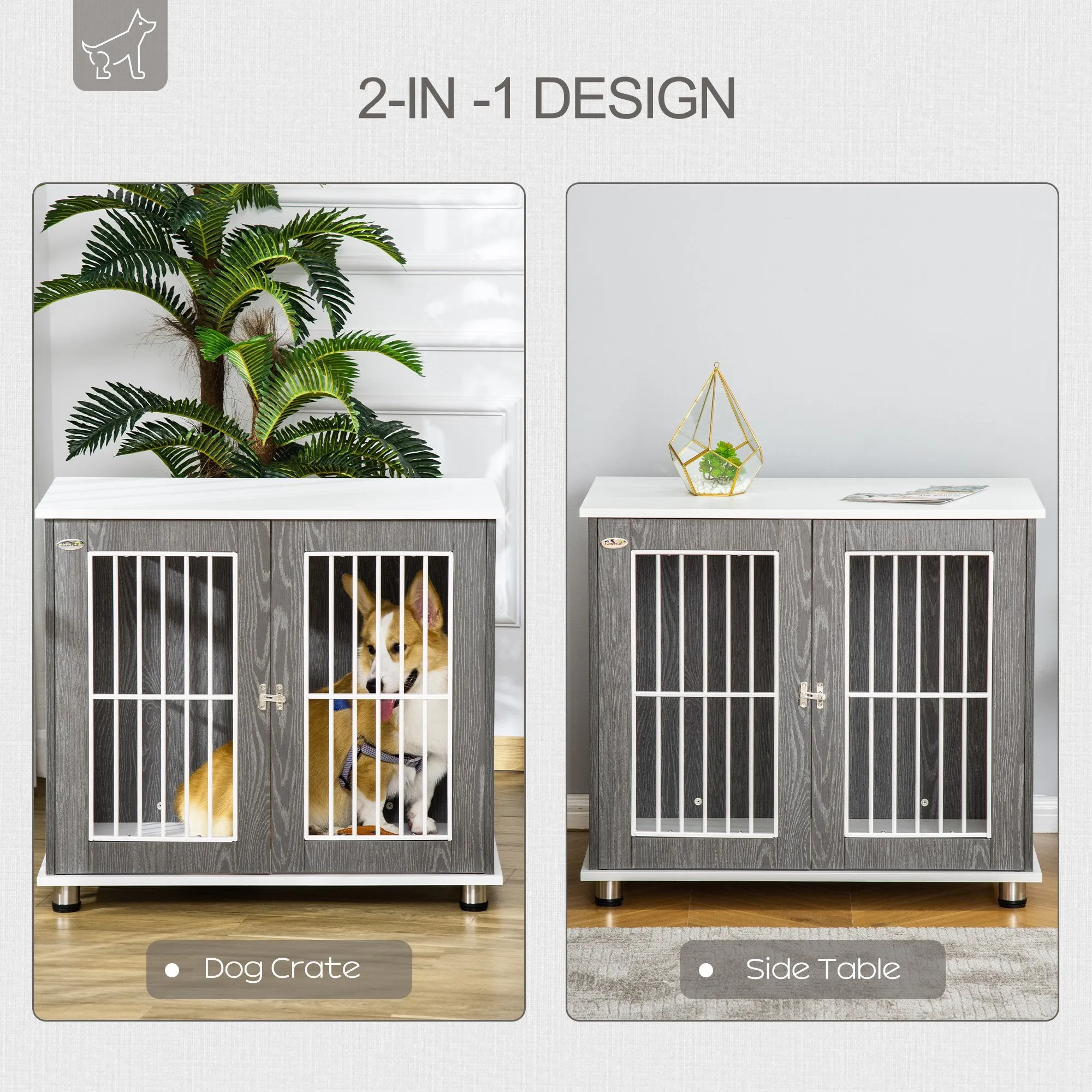 Dog Crate Wooden Pet Kennel Cage End Table w/ Lockable Door for Small Medium Dog Grey & White 85 x 55 x 75 cm