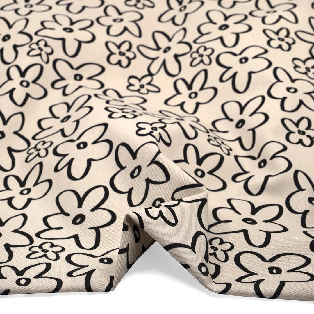 Doodle Daisy Printed Cotton Twill - Natural/Black