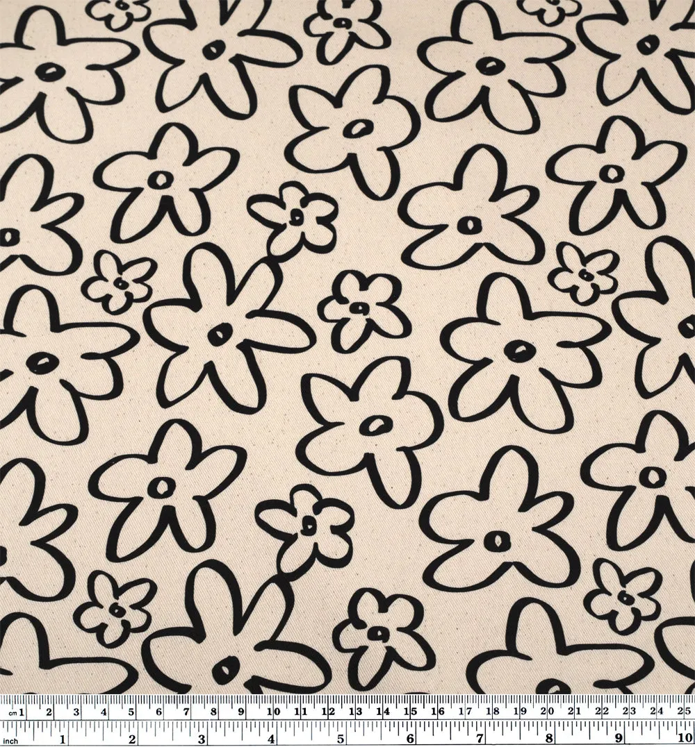 Doodle Daisy Printed Cotton Twill - Natural/Black