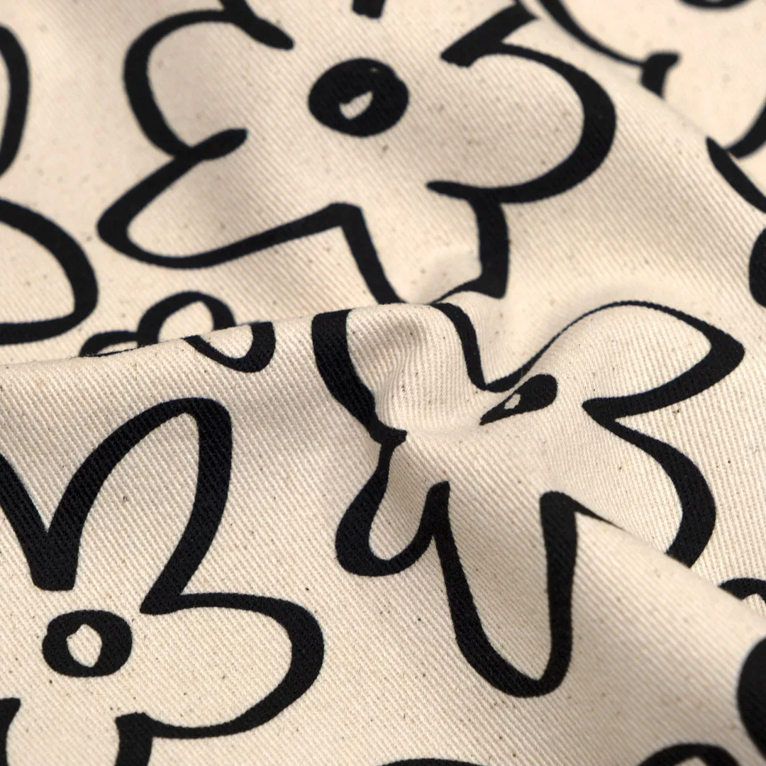Doodle Daisy Printed Cotton Twill - Natural/Black