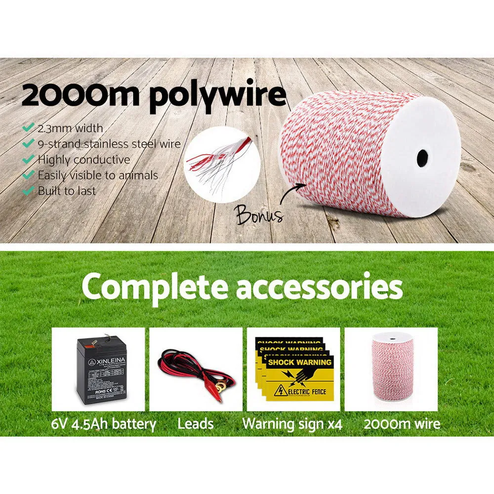 Giantz 5KM Solar Electric Fence Energiser Energizer 0.15J   2000M Poly Fencing Wire Tape