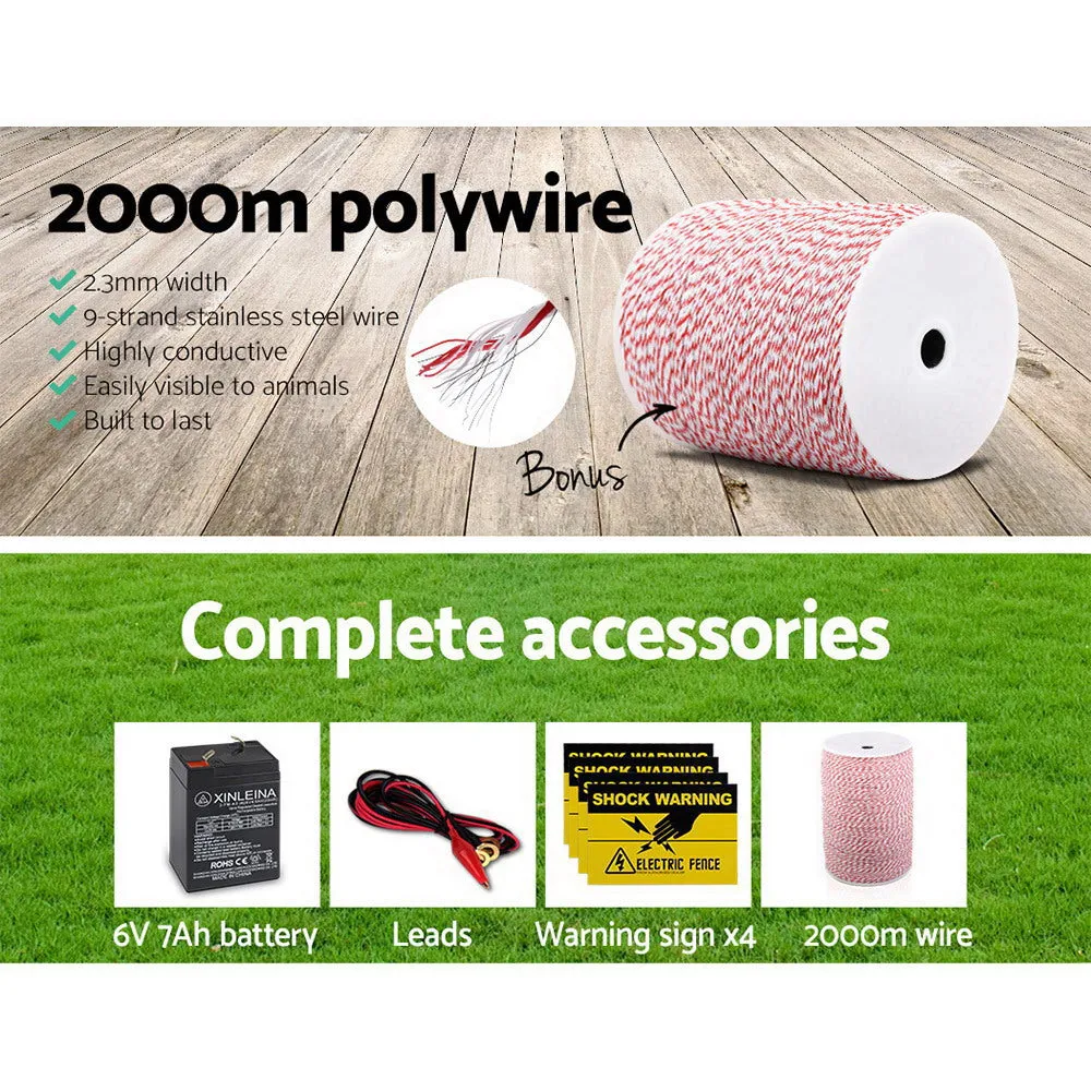 Giantz 8KM Solar Electric Fence Energiser Energizer 0.3J   2000M Poly Fencing Wire Tape