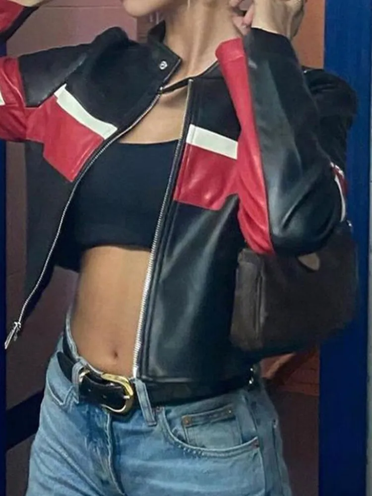 Motorcycle Contrast Stripe Print Leather Pu Jackets