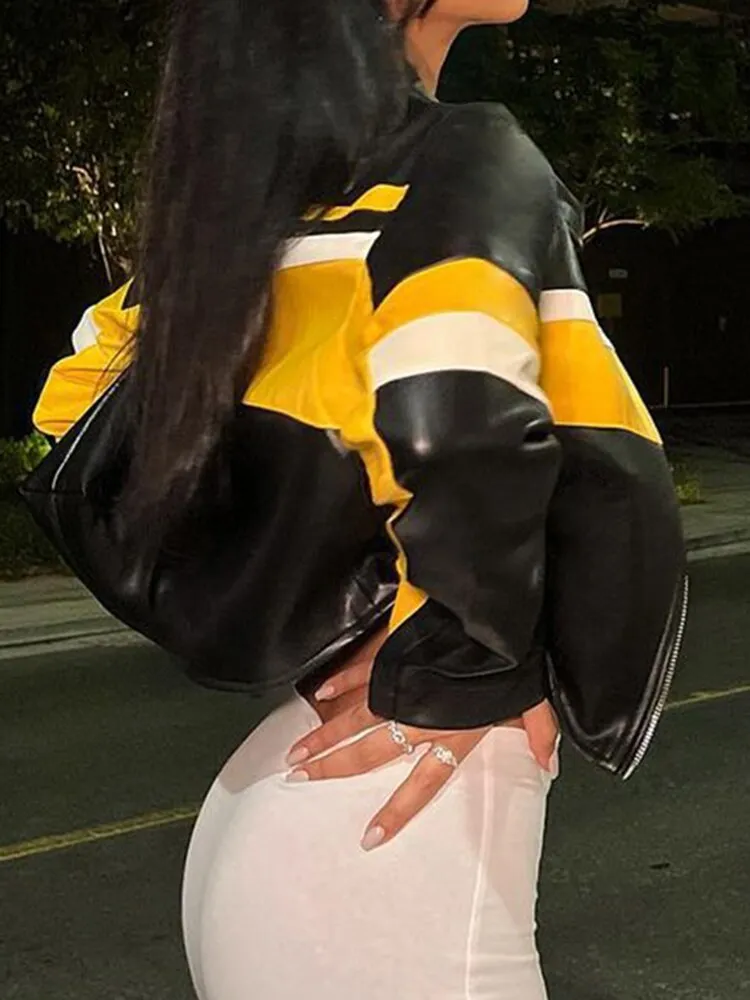 Motorcycle Contrast Stripe Print Leather Pu Jackets