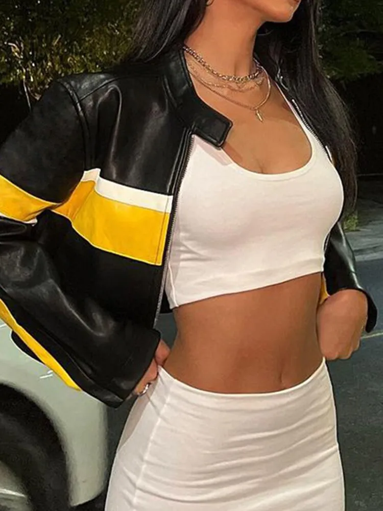 Motorcycle Contrast Stripe Print Leather Pu Jackets